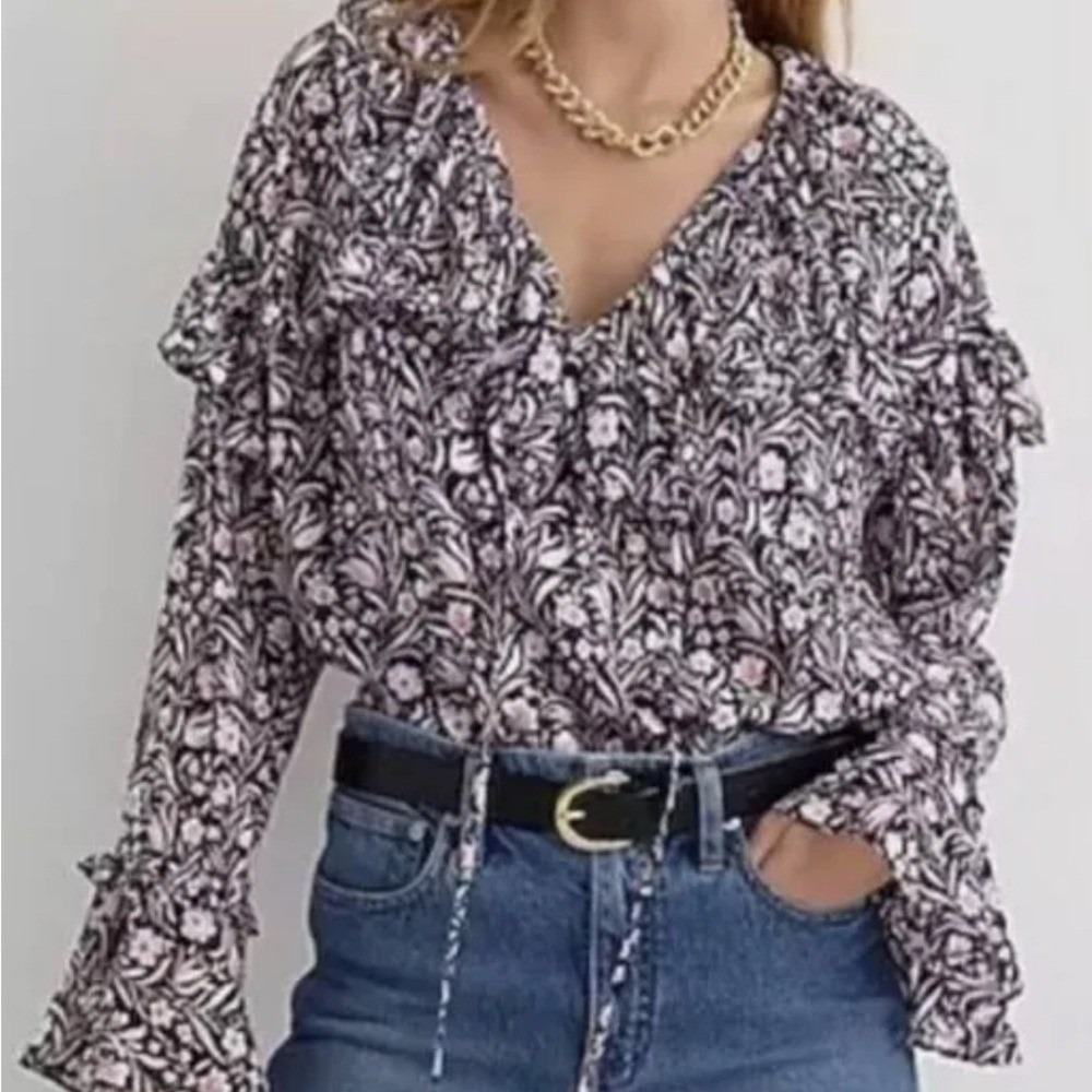 Floral Ruffle Long Sleeve Blouse Navy Pink Tiered Tie Neck Top - Picture 1 of 6